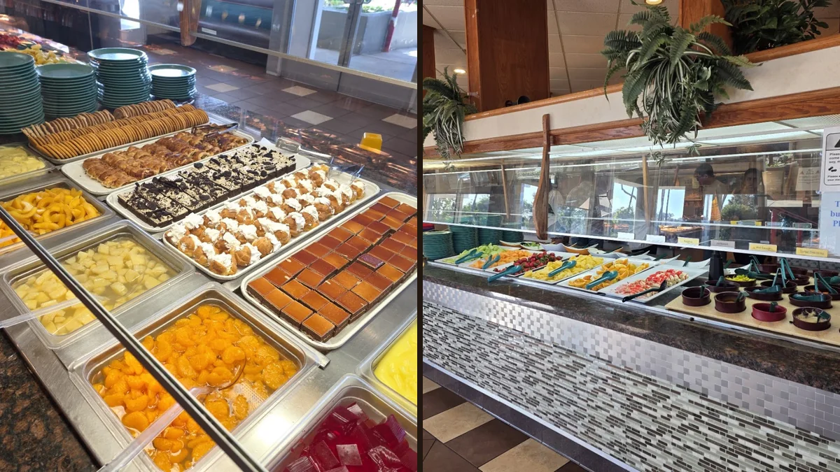 Buffet trays with seafood and Chinese dishes.