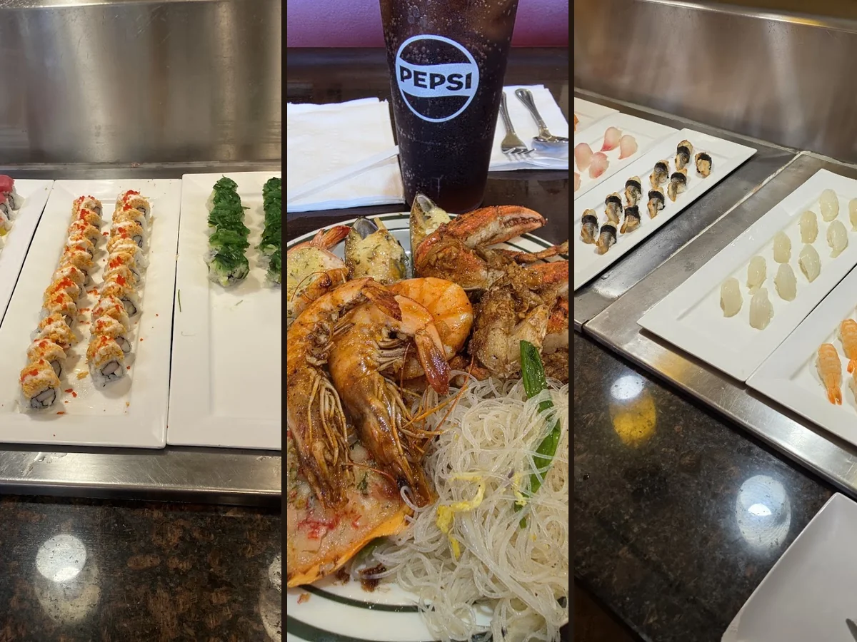 Buffet trays with seafood and Chinese dishes.